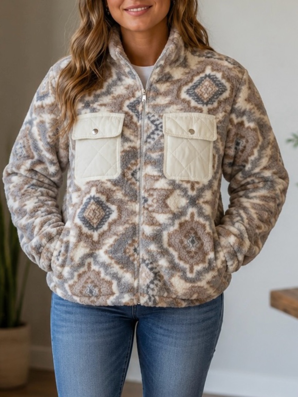 Sabrina Lauren Sherpa Fleece Jacket Aztec Print Full Zip Pocket Shacket XL NWOT